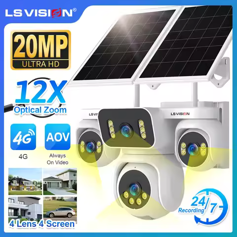 LS VISION 20MP 12X Optical Zoom Four Screens AOV 4G Solar Camera Outdoor 4-Lens 24/7 Video Recording