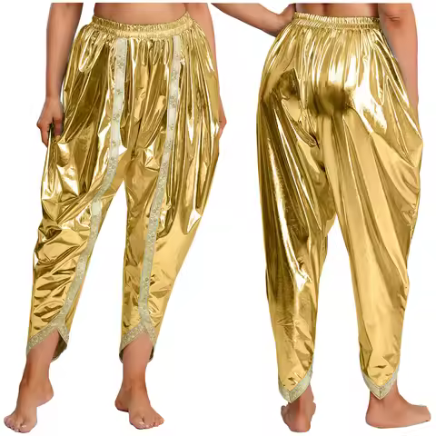 Women Indian Dhoti Belly Dance Costumes Metallic Arab Baggy Pants Harem Palazzo Bloomers Halloween C
