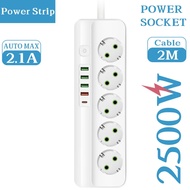 Practical EU Plug Power Strip 3/4/5/6 Socket 2500W Electrical Outlet With 4 USB 1 Type-C Port 2M Ext
