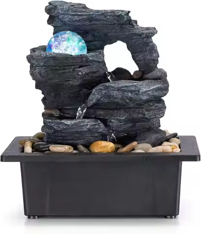 Rotating Ball Rock Waterfall Fountain with Colorful Lights, 9.05" L x 6.89" W x 10.23" H for Office 