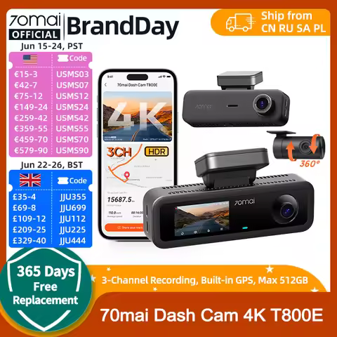 70mai 4K T800E 3-Channel Dash Cam Front Rear Interior 3-in-1 Voice Control 24H Parking Supercapacito