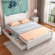 [ IN STOCK ] Bed with drawer Economic solid wood bed 1.8 m master bedroom double bed 1.5 m Bed Frame rental house single bed 1 m Mattress modern minimalist queen size beds White