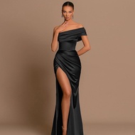 YJ24467 Mercerized One-Shoulder Dress Split Dress Female Celebrity Style Classy Women Sexy Split Lon