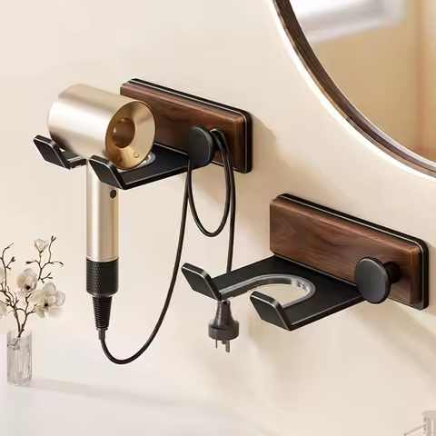 Wood Hair Dryer Holder Drill-Free Self Adhesive Blow Dryer Stand for Dyson Hairdryer Walnut Storage 