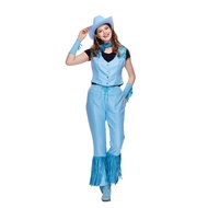 Women Western Cowgirl Costume Adult Blue Rodeo Outfit with Hat Vest and Fringe Pants
