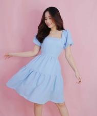 Đầm xanh xòe cổ vuông tay phồng dự tiệc sang trọng tiểu thư thiết kế xinh eo tôn dáng hợp dự tiệc cư