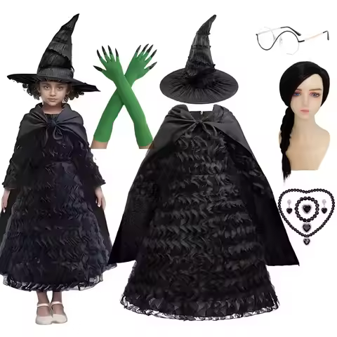 Alphaba Costume Girl Wicked Halloween Costume Girl Witch Cosplay Black Dress Up Dress Hat Suit
