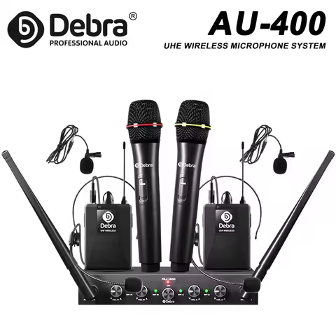 Debra AU-400 UHF Four-Channel Handheld Wireless Microphone System, featuring lapel and headset micro