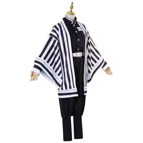 The Garment Features Black and White Vertical Stripes. Iguro Obanai Haori Kimono Cosplay Costume Wig