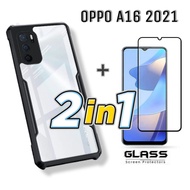 (2 in 1) Phone Case For Oppo A16 2021 A15 A15S case with tempered glass film brushed carbon fiber soft shell + tempered glass screen protector