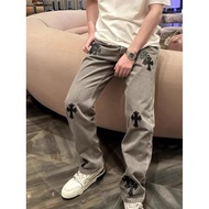 Chrome Hearts jeans leather fabric logo embroidery design jeans gray jeans