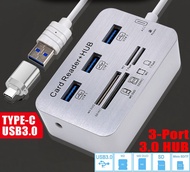 Actual【COD】USB 3.0 HUB + เครื่องอ่านการ์ดความเร็วสูง USB HUB พร้อม MS/SD/M2/ TF Card Reader 3 พอร์ต 