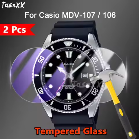 2Pcs For Casio MDV-106 MDV-107 Watch Ultra Slim Clear / Anti Purple Light 2.5D 9H Tough Tempered Gla