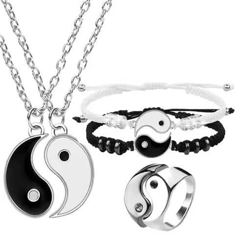 Couple Bracelets Rings Yin Yang Tai Chi Alloy Pendant Adjustable Braid Chain Necklace Matching Lover