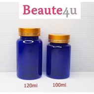 Beaute4u100ml 120ml Blue PET Medicine Bottles Metal Double Line Gold/Silver Cap,Capsules Bottles.