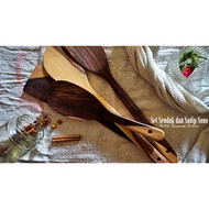 Set Senduk dan Sudip Kayu Sono [Senduk Nasi, Sudip Panjang, Sudip Rata, Senduk Spatula]