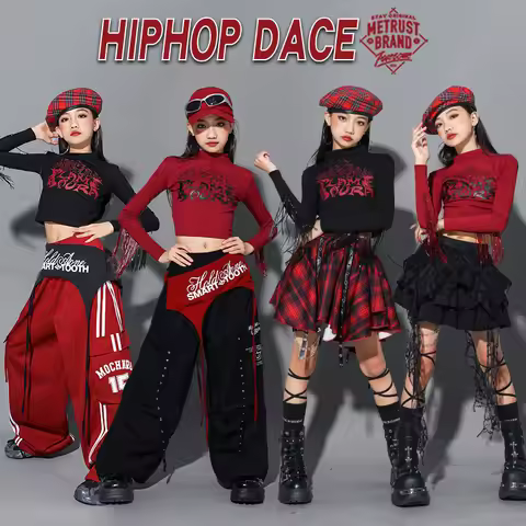 Jazz Dance Clothing Girls Kpop Stage Outfit Red Crop Top Black Shorts Children Performance Suit Hip