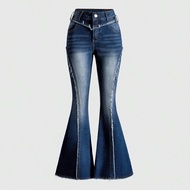 Y2K Baddie American Street Style Star Patch Frayed Hem Skinny Flare Jeans