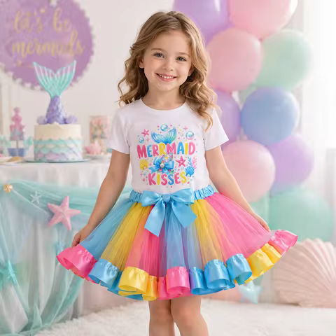 Kids Girls 2Pcs Mermaid Outfit "Mermaid Kisses" Printed Tee & Rainbow Tutu Skirt for Birthday/Photog