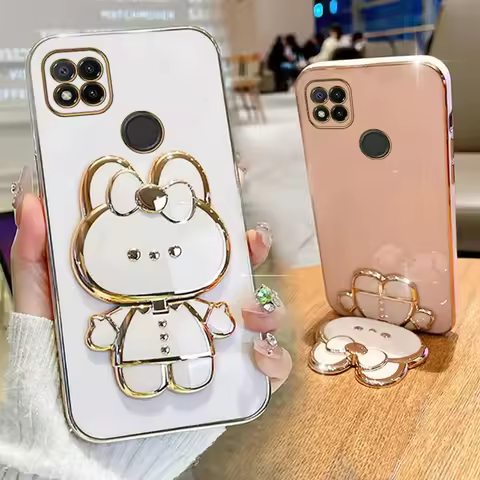 Makeup Mirror Cute Rabbit Phone Holder Case On For Xiaomi Redmi 9C 10A 10C Redmi9C Redmi10C Redmi10A
