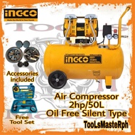 ✼INGCO Air Compressor 2HP / 50L  ACS112501P Silent Type and Oil Free System free Toolset