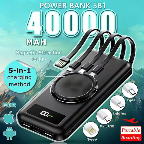 40000mah Wireless Power Bank Large Capacity Portable 5In1 Charge Powerbank Built-in Cables Dual USB 