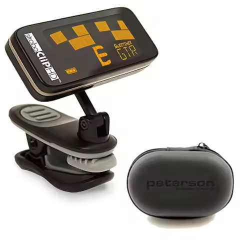 Peterson StroboClip HD clip-on tuner for guitar, bass, violin: stainless steel body, black finish, u