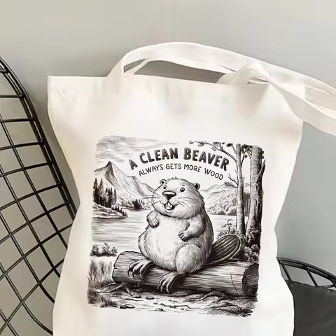 Vintage A Clean Beaver Always Gets More Wood Tote Bag Makeup Bag Book Lovers Tote Bag Library Tote S