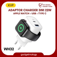 KiiP WH32 3-in-1 Fast Charging Adapter Charger GaN6 22W USB-A USB-C iWatch Wireless Charging/