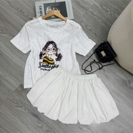 Women's Bigsize Set 2 Piece Printed Scratched T-shirt with Cute, Dynamic Flared Skirt 55-92kg A287-C