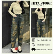 [BGTD3400] WOMEN'S HIGH-WAIST Ripped BAGGY JEANS with Tassels on Both Knees, DUST-COVERED, DUSTY BLU