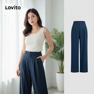(trendy6)Lovito Casual Pants Zipper All Seasons Navy Blue Pants for Women L149ED084 Lovito Seluar Ka