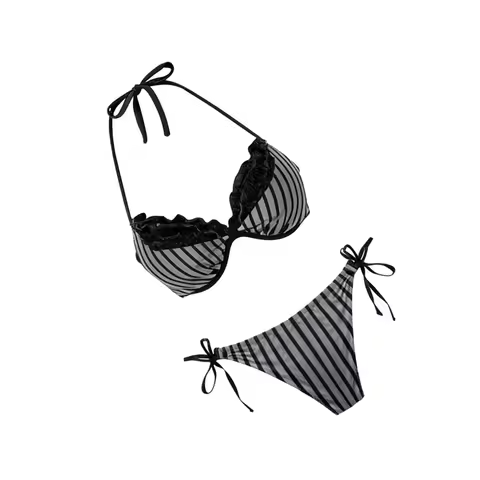 Summer Gothic Black White Striped Two Piece Swimsuit Lace Trim Halter Top Layered Ruffle Skirt Dark 