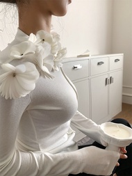 เสื้อยืดคอกลมแขนยาวทรงเข้ารูปสำหรับผู้หญิง Aviva on Earth ฤดูใบไม้ร่วง 2024 ผ้าผสมโพลีเอสเตอร์และไนล