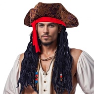 SSC-Retro Pirate Hat with Wig Leather Tricorn Cap Cowgirl Hat Party Costume Accessories for Women Me