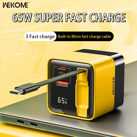 WEKOME 65W GaN Fast Charger USB-C Fast Charging With Built-in 80MM TypeC Cable EU US Plug For iPhone