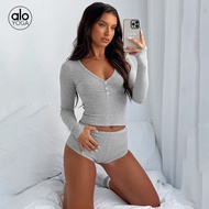 Alo Yoga Women's V-neck Set: Sexy Long Sleeve Shirt & Shiny Sports Shorts