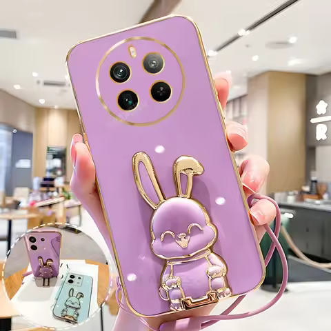 Realme12pro Plating Rabbit Holder Lanyard Case For Oppo Realme 12 Pro Plus 11 9 8 C55 C53 C67 Realme