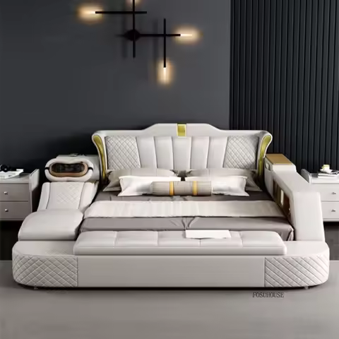 1.5m&1.8m Modern Double Bed with Projector Bedroom Beds with Massage Bed Home Wedding Storage Soft B