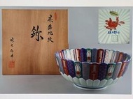 【珍華堂】日本有田燒-古伊万里様式-林九郎作-染錦地紋大碗-附原廠桐木箱-未使用的綺麗物品