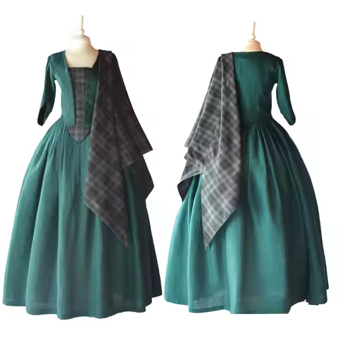 TV Series Outlander Claire Fraser Cosplay Costume Women's Dark Green Linen and Granite Grey Tartan H