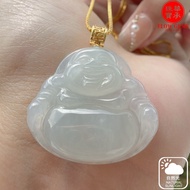 天然缅甸A货翡翠佛公，18K AU750 厚实金扣头，糯冰种，底子干净清爽，带点淡淡的蓝底，种老肉细。100% Ori Natural Burmese Jadeite Pendants