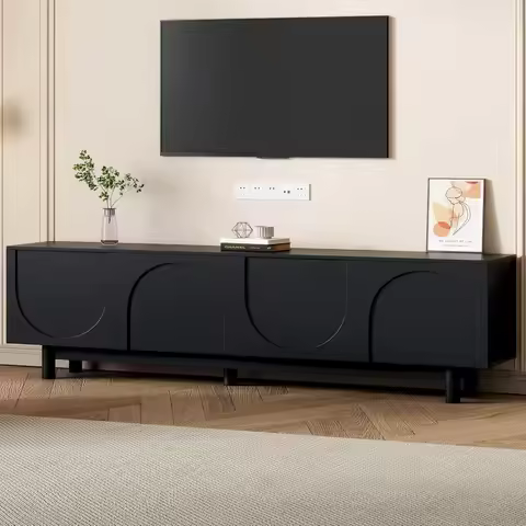 large 80+ inch tv stand, 70 inch wooden console with curved doors, arched entertainment center featu