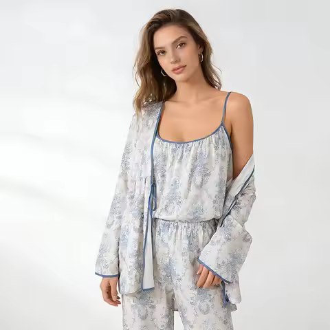 Floral Home Wear Loungewear Sets Woman Spring Summer New 100% Cotton Pajamas Set 3 Pieces Sleepwear 
