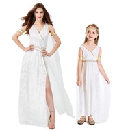 Women's Greek Athenian Goddess Costume Adult Kids Halloween Cosplay Aphrodite Gown Long White Dress
