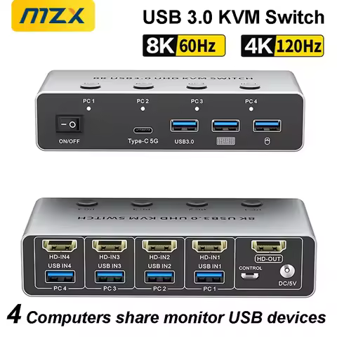 MZX 8K@60Hz KVM Switch HDMI-compatible 4K@120Hz USB 3.0 Hub Switcher Docking Station 4 Computers Sha
