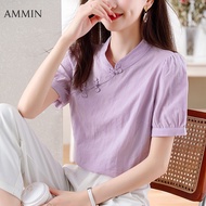 AMMIN Summer Chinese style Cheongsam cotton shirt womens new simple round neck fashion vintage disc button-down puffy sleeve elegant blouse