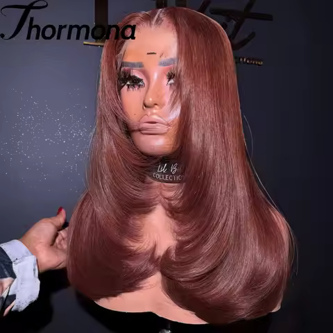 Layered Cut Lace Front Wig Synthetic Reddish Brown Straight HD Transparent Lace Frontal Auburn Color