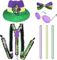 Mardi Gras Costume Set with Sequin Fedora Hat, Bow Tie, Suspenders, Sunglasses and Beads Necklaces, 