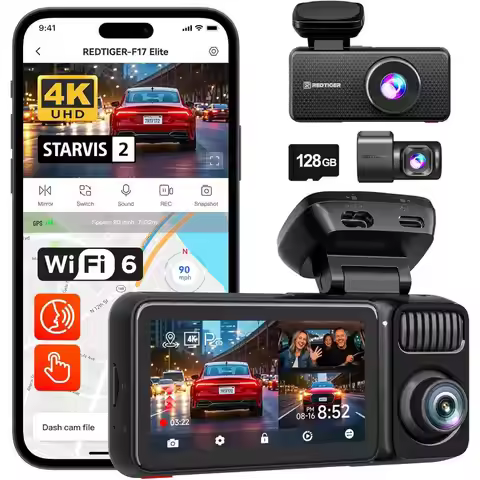 REDTIGER F17 Elite 4K 3 Channel Dash Cam 5.8Ghz Wifi 6 Full Night Color Touch Screen Voice Control C